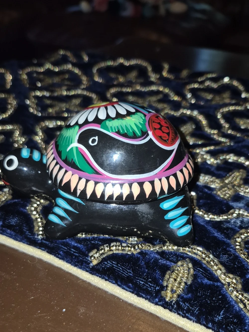 Minature Colorful Turtle Trinket Box.TalaVera From Mexico Flowers And Bird Motif